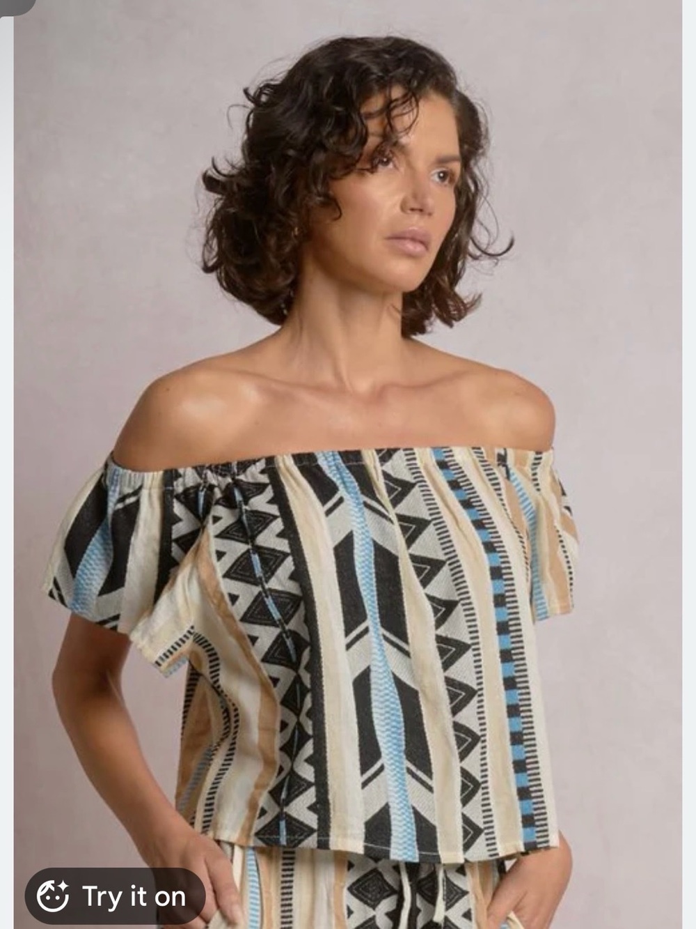 Elan Off-Shoulder Geo Stripe Crop Top - Beige, Black & Blue